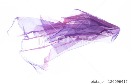 Purple Violet Organza fabric flying in curve shape, Piece of textile blue sky organza fabric throw fall in air. White background isolated motion blur 126096415