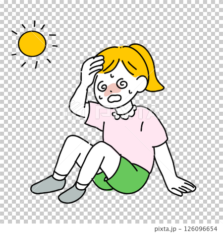 A girl sitting down with heat stroke 126096654