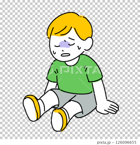 Illustration of a boy sitting down with a pale face (heat stroke, feeling unwell, emergency response) 126096655