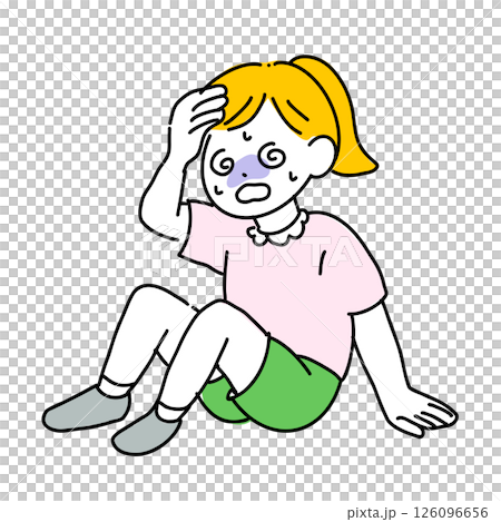一位女孩坐下，臉色蒼白的插圖（中暑，感覺不舒服，緊急回應） 126096656