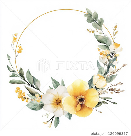 Yellow green round watercolor frame on white background. Tender floral arrangement for wedding design 126096857