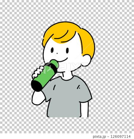 Illustration of a boy hydrating with a water bottle (summer, heat stroke prevention, health) 126097114