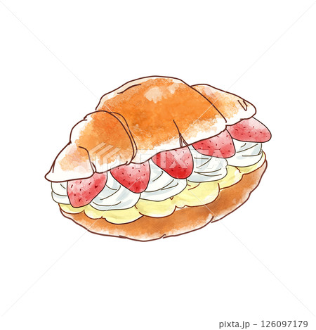美味しそうないちごと生クリームとカスタードクリームのデザートサンド　水彩風 126097179