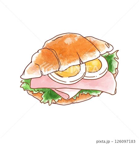 美味しそうなハムと卵のロールパンサンド　水彩風 126097183