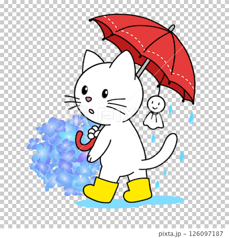 下雨天的陽光娃娃和貓(雨、季節性素材) 下雨天的陽光娃娃和貓(雨、季節性素材) 126097187