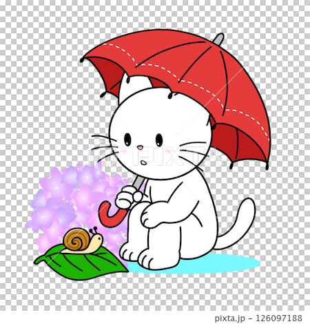 一隻貓在繡球花附近盯著一隻蝸牛(雨,季節性材料) 一隻貓在繡球花附近盯著一隻蝸牛(雨,季節性材料) 126097188