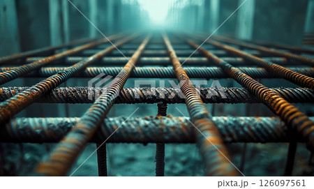 錆びた格子状の鉄筋の背景 126097561