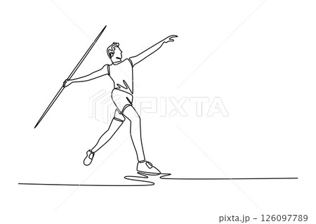 Single one line drawing male athlete training for javelin throw on sports track national stadium. Athletic competition and tournament concept. Continuous line draw design graphic vector illustration 126097789