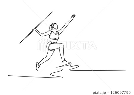 Continuous one line drawing strong female athlete throwing javelin practice on track field stadium. Sportswoman focused on stance in ready position. Single line draw design vector graphic illustration Continuous one line drawing strong female athlete throwing javelin practice on track field stadium. Sportswoman focused on stance in ready position. Single line draw design vector graphic illustration 126097790