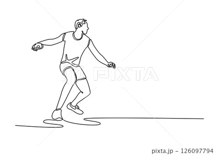 Continuous one line drawing attractive male athlete throwing wooden disc at field national stadium. Discus throw athletics in sports championship. Single line draw design vector graphic illustration 126097794