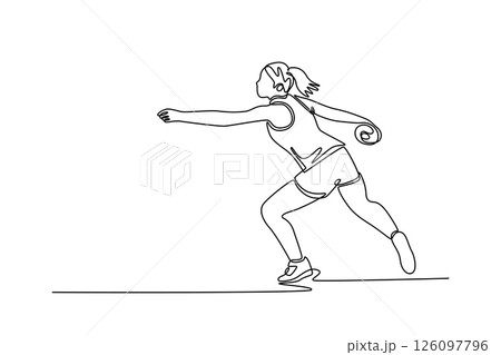 Continuous one line drawing active female athlete throwing wooden disc at sport field stadium. Healthy lifestyle, movement, activity, competition. Single line draw design vector graphic illustration Continuous one line drawing active female athlete throwing wooden disc at sport field stadium. Healthy lifestyle, movement, activity, competition. Single line draw design vector graphic illustration 126097796