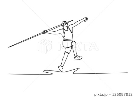 Single one line drawing javelin throw athlete practice on track field during outdoor sports training session. Sportsman focused on stance in ready position. Continuous line design vector illustration 126097812