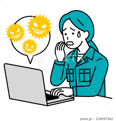 ノートパソコンがコンピューターウィルスに感染して困る作業員の女性 126097982