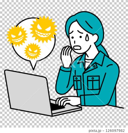 ノートパソコンがコンピューターウィルスに感染して困る作業員の女性 126097982