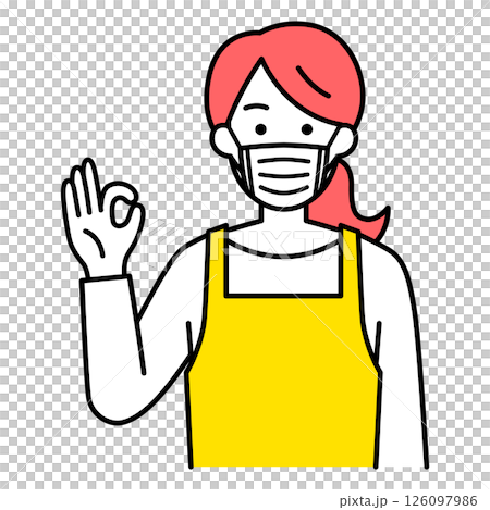 A woman in an apron wearing a mask and making an OK sign A woman in an apron wearing a mask and making an OK sign 126097986