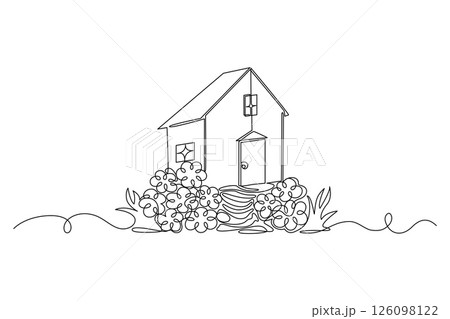 House among flowers, continuous drawing in one line in minimalism. Country life. Editable vector contour 126098122