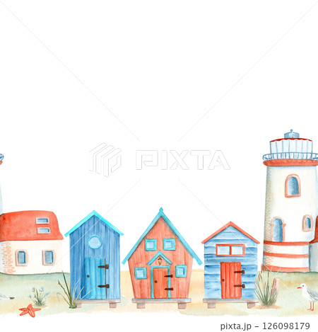 Coastal cabins on stilts lighthouse seamless border isolated on white. Hand painted simple watercolor illustration perfect for fabric, decor, children room design. Cute decorative huts. Blue red house 126098179