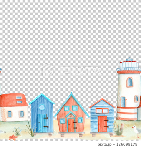 Coastal cabins on stilts lighthouse seamless border isolated on white. Hand painted simple watercolor illustration perfect for fabric, decor, children room design. Cute decorative huts. Blue red house Coastal cabins on stilts lighthouse seamless border isolated on white. Hand painted simple watercolor illustration perfect for fabric, decor, children room design. Cute decorative huts. Blue red house 126098179
