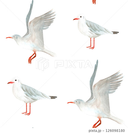 Flying and standing seagulls watercolor seamless pattern isolated on white. Hand-drawn clip art for cards, stationary, scrapbooking, wrapping paper, sea tourism products, dishes, fabric decor design 126098180