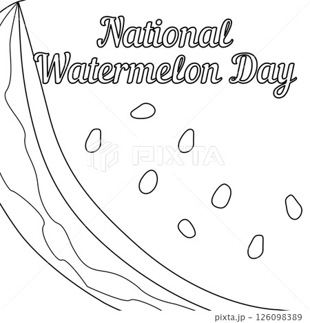 Coloring page with summer outline drawing a huge juicy piece of watermelon with seeds. National Watermelon Day. For entertaining kids, summertime dessert, celebration black and white design banner. Coloring page with summer outline drawing a huge juicy piece of watermelon with seeds. National Watermelon Day. For entertaining kids, summertime dessert, celebration black and white design banner. 126098389