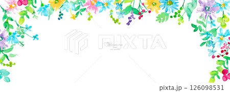 水彩画。水彩タッチのカラフルな春の花びらフレーム。色鮮やかな花のベクターイラスト 126098531