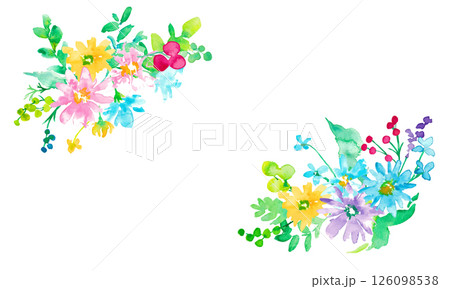 水彩画。水彩タッチのカラフルな春の花びらフレーム。色鮮やかな花のベクターイラスト 126098538