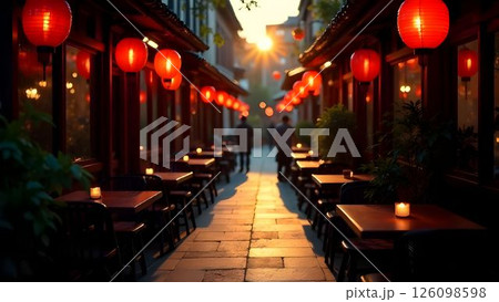 A narrow street with Japanese red lights  126098598