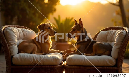 Two dogs in the rays of the sun relaxing on sofas outside 126098607