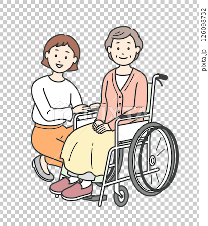 Illustration of an elderly woman in a wheelchair and a young woman assisting her 126098732