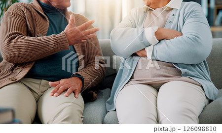 Hands, couple and argument on sofa at house for fighting, divorce conflict and partner disagreement. Elderly people, communication problem and anger for separation, marriage crisis and betrayal drama 126098810