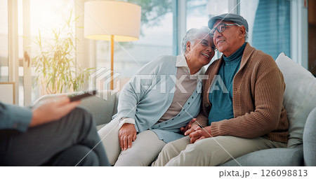 Happy, consulting and financial advisor with old couple in office for retirement plan, wealth management and profit. Insurance payout, budget and broker with senior man and woman for joint account 126098813