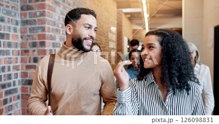 Walking, smile and teamwork with business people in office for partnership, discussion and support. Advice, communication and feedback with employees in agency for coworking and commitment together 126098831