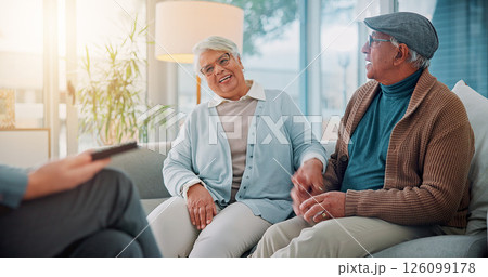 Smile, advice and financial advisor with old couple in office for retirement fund, wealth counseling and profit. Investment success, planning and broker with senior people for joint account savings 126099178