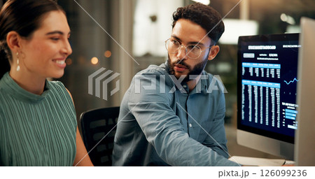 Computer screen, investment and night with business people in office together for stock market trading. Conversation, feedback or review with man and woman in workplace for portfolio management 126099236