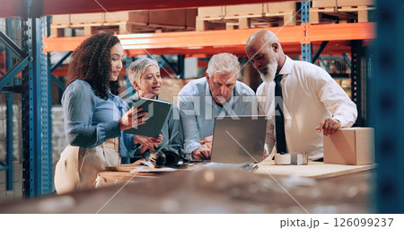 Distribution, people and cooperation with laptop, internet and online schedule for stock inventory. Employees, logistics and meeting with teamwork, tablet and checklist for supply chain and export 126099237