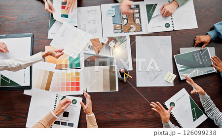 Documents, creative and above of business people in meeting for project ideas, research and discussion. Interior design, office and workers with palette for teamwork, collaboration and portfolio 126099238