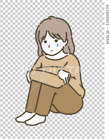 膝を抱えて泣く若い女性（私服） 126099239