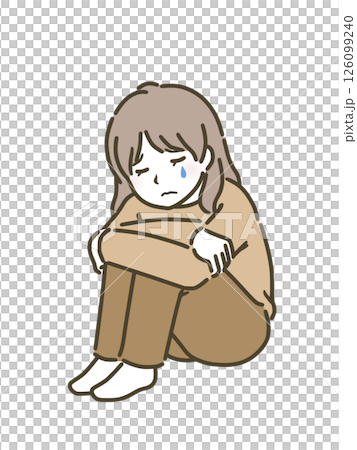 膝を抱えて泣く若い女性（私服） 126099240
