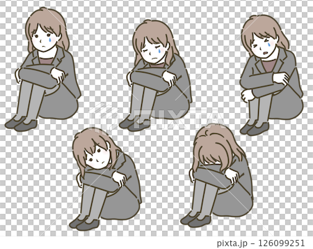 膝を抱えて泣く若い女性セット（スーツ） 126099251