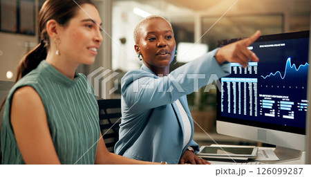 Computer, night and pointing with business women in office together for stock market trading. Conversation, feedback or screen with employee people in workplace for investment or portfolio management Computer, night and pointing with business women in office together for stock market trading. Conversation, feedback or screen with employee people in workplace for investment or portfolio management 126099287