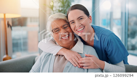 Elderly, woman and nurse with portrait on sofa for healthcare support, compassion and bonding in retirement home. Senior person, caregiver and happy for homecare assistance, medical help and embrace 126099294