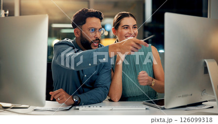 Team, business people and computer for trading on stock market, investment and discussion in office at night. Tech, collaboration and financial broker with profit, results or shock for revenue growth Team, business people and computer for trading on stock market, investment and discussion in office at night. Tech, collaboration and financial broker with profit, results or shock for revenue growth 126099318