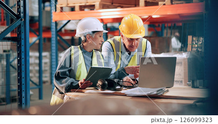 Supply chain, people and planning in warehouse, laptop or online schedule for distribution. Employees, cooperation or meeting with safety, stock or tablet for email, inventory management or checklist Supply chain, people and planning in warehouse, laptop or online schedule for distribution. Employees, cooperation or meeting with safety, stock or tablet for email, inventory management or checklist 126099323