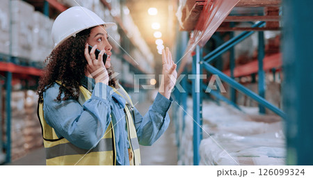 Woman, phone call and talk at warehouse for logistics with deal for order, networking or job at distribution center. Person, smartphone and discussion by shelf, shipping or contact at storage plant Woman, phone call and talk at warehouse for logistics with deal for order, networking or job at distribution center. Person, smartphone and discussion by shelf, shipping or contact at storage plant 126099324