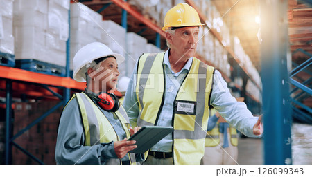 Warehouse, team and tablet to check inventory, stock management or storage planning with mature supervisor. Shipping, engineer and people with technology for supply chain, distribution or logistics 126099343