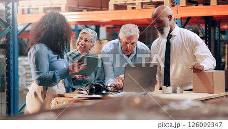 Distribution, people and conversation in warehouse, laptop or online schedule for shipping. Employees, quality control or meeting with inspection, export or tablet for email, cooperation or checklist 126099347