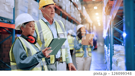 Warehouse, logistics team and tablet for stock, inventory management or storage planning with mature supervisor. Shipping, engineer and people with technology for supply chain, distribution or cargo Warehouse, logistics team and tablet for stock, inventory management or storage planning with mature supervisor. Shipping, engineer and people with technology for supply chain, distribution or cargo 126099348