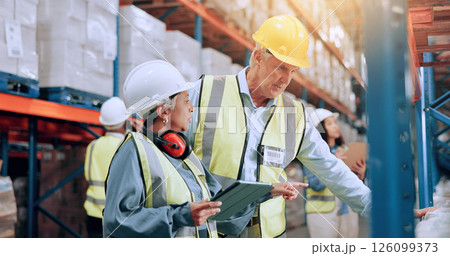 Warehouse, team and tablet at shelf for inventory, stock inspection or check storage with mature supervisor. Shipping, engineer and people with technology for supply chain, distribution or logistics 126099373