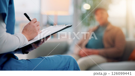 Writing, clipboard and hands of nurse with old man on sofa for counseling, dementia rehabilitation or therapy. Memory support, healthcare and psychiatrist with senior person in office for advice 126099441