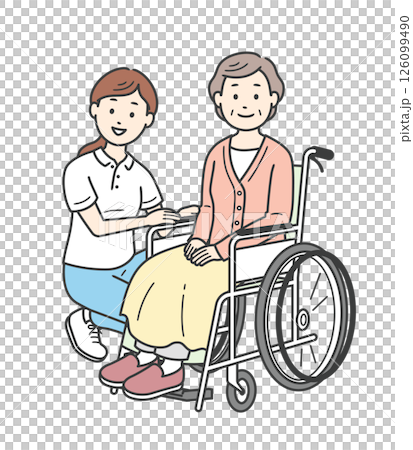 Illustration of an elderly woman in a wheelchair and a female caregiver assisting her 126099490